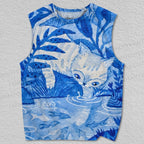 Unisex Blue Cat Playing Water Printed Tank Top
