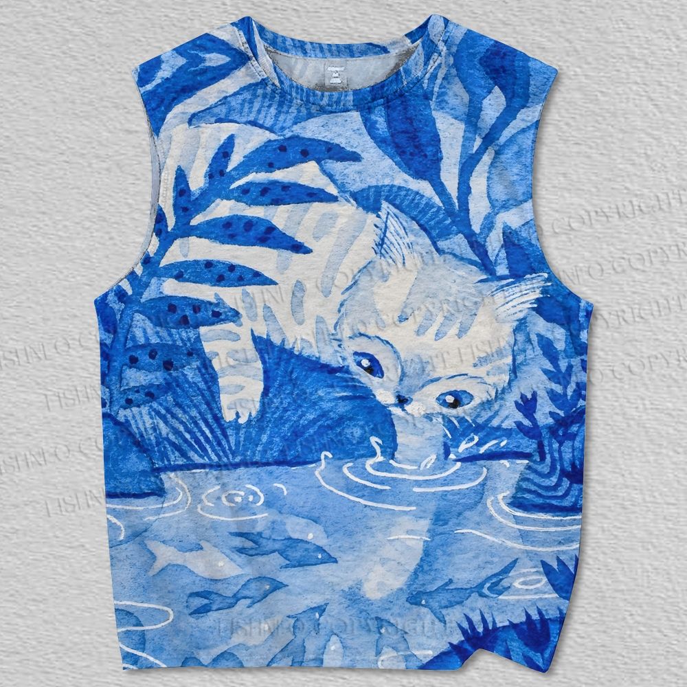 Unisex Blue Cat Playing Water Printed Tank Top