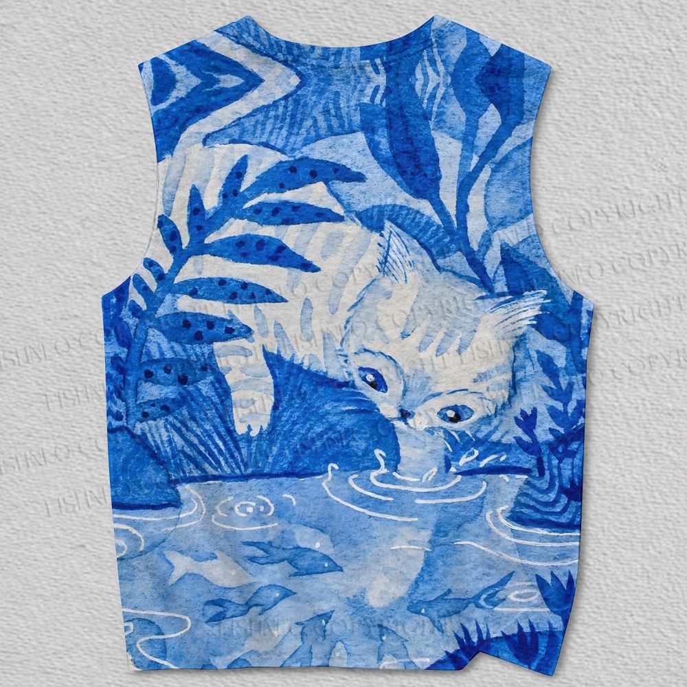 Unisex Blue Cat Playing Water Printed Tank Top