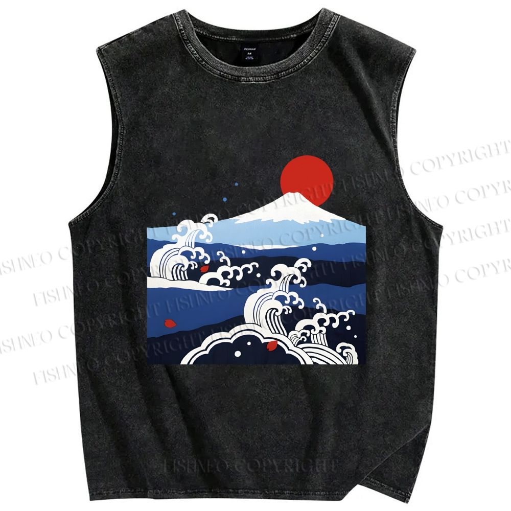 Unisex Japanese Vintage Wave With Mt Fuji Printed Washed Tank Top