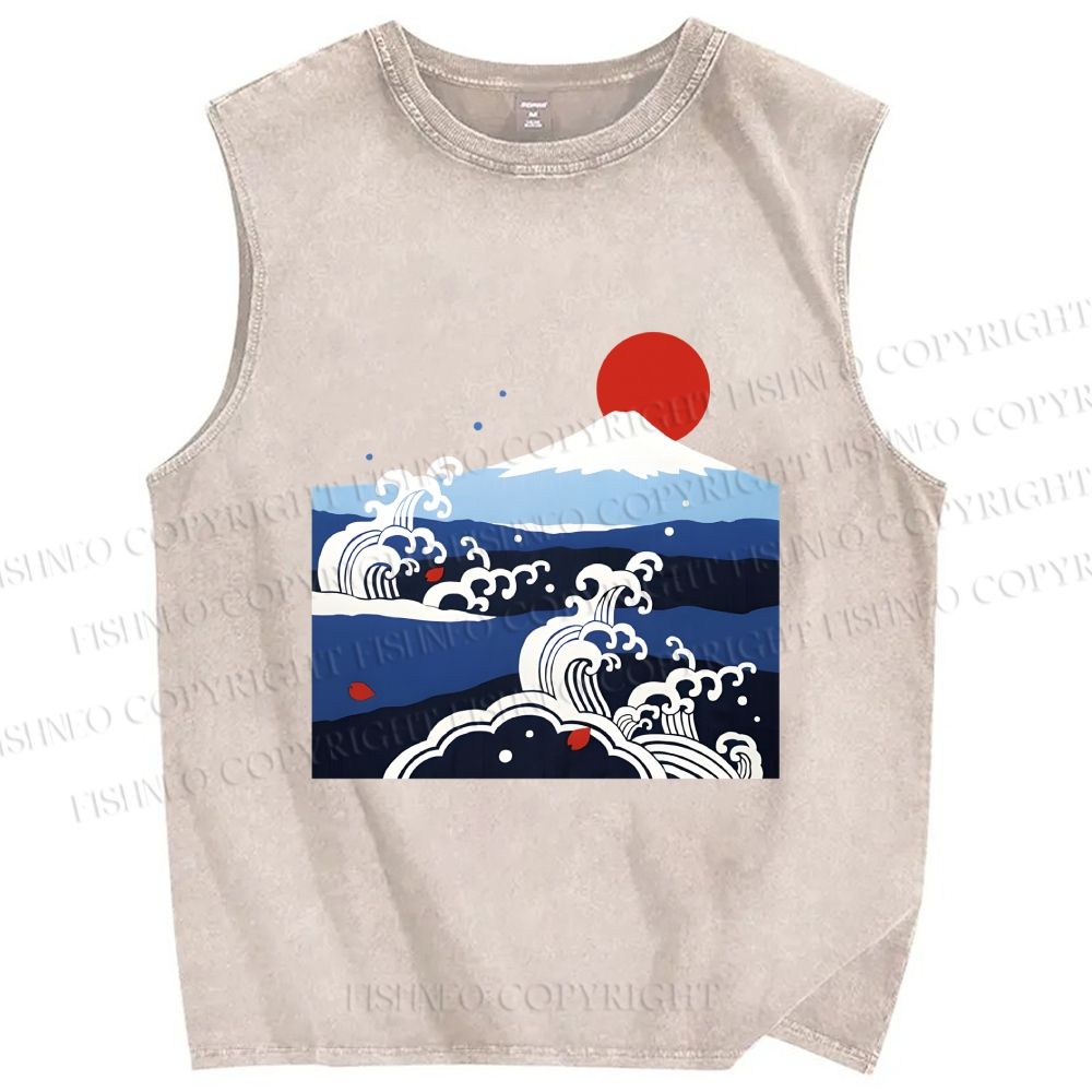 Unisex Japanese Vintage Wave With Mt Fuji Printed Washed Tank Top