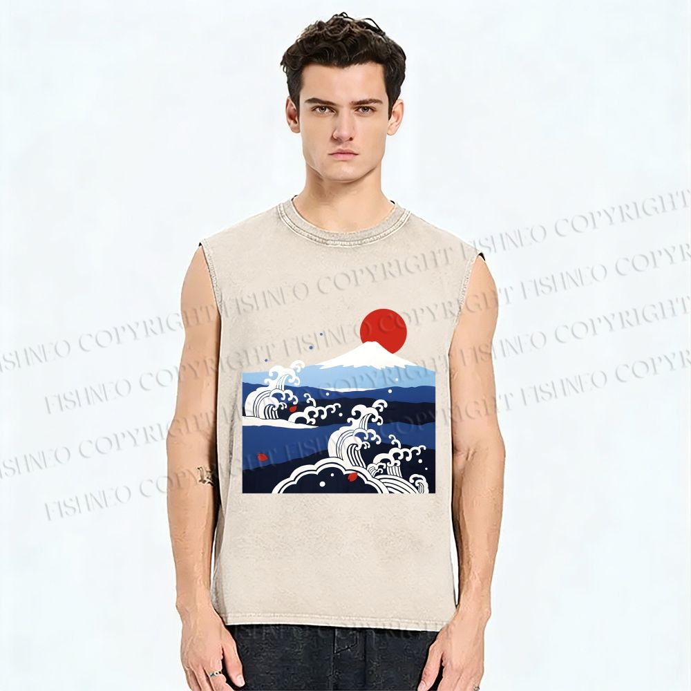 Unisex Japanese Vintage Wave With Mt Fuji Printed Washed Tank Top