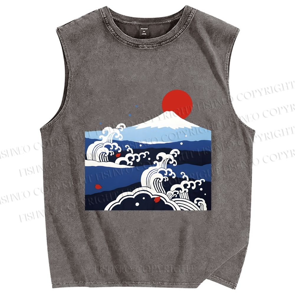 Unisex Japanese Vintage Wave With Mt Fuji Printed Washed Tank Top