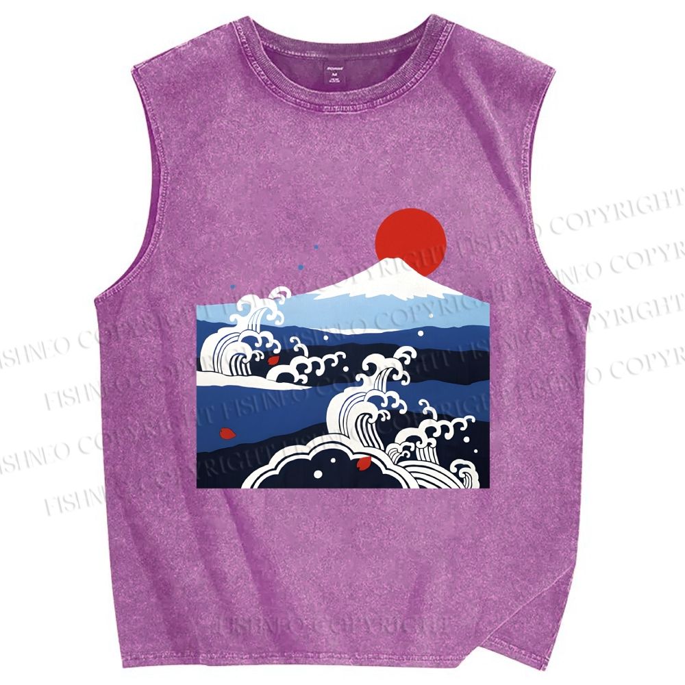 Unisex Japanese Vintage Wave With Mt Fuji Printed Washed Tank Top