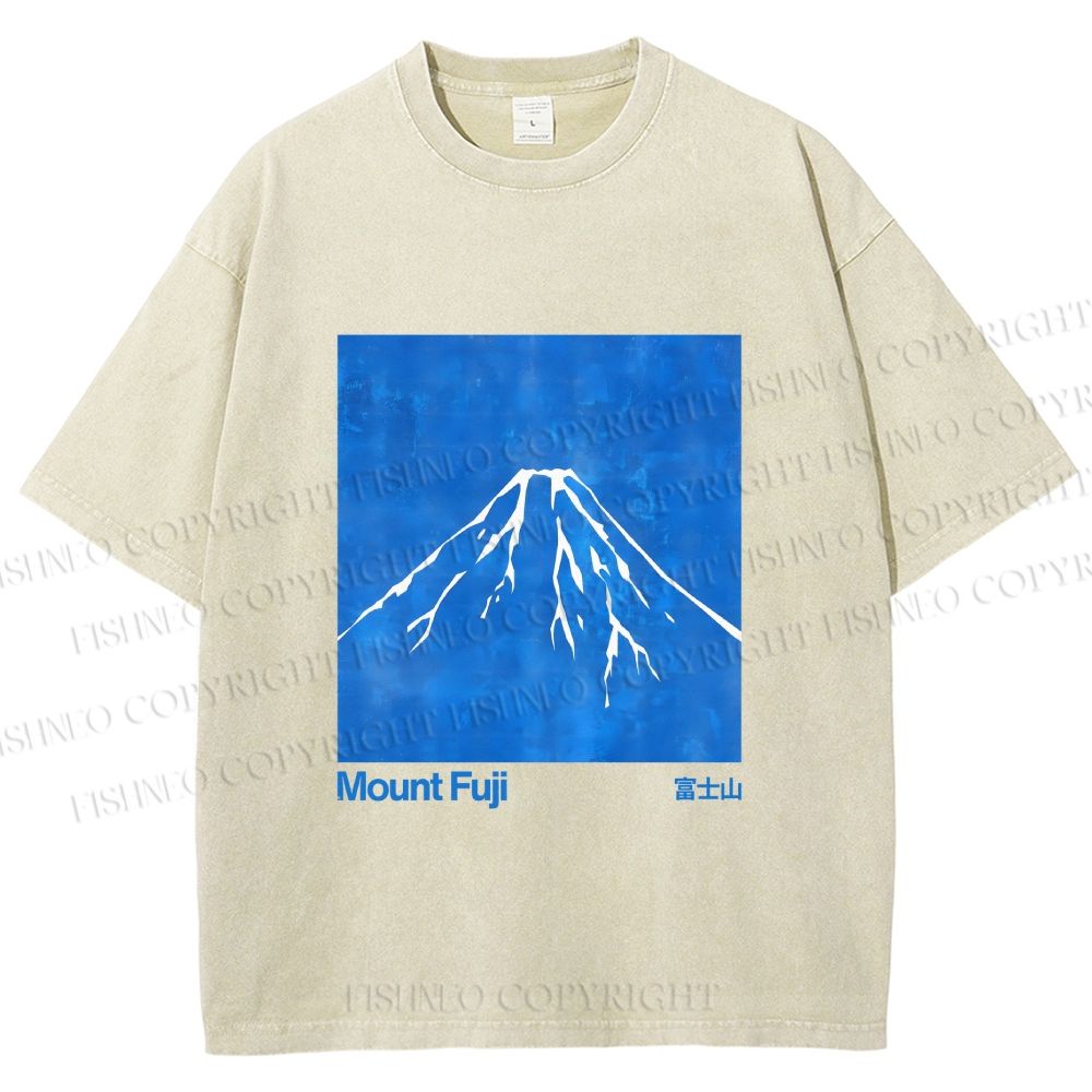 Unisex Blue Mt Fuji Printed Washed Tee