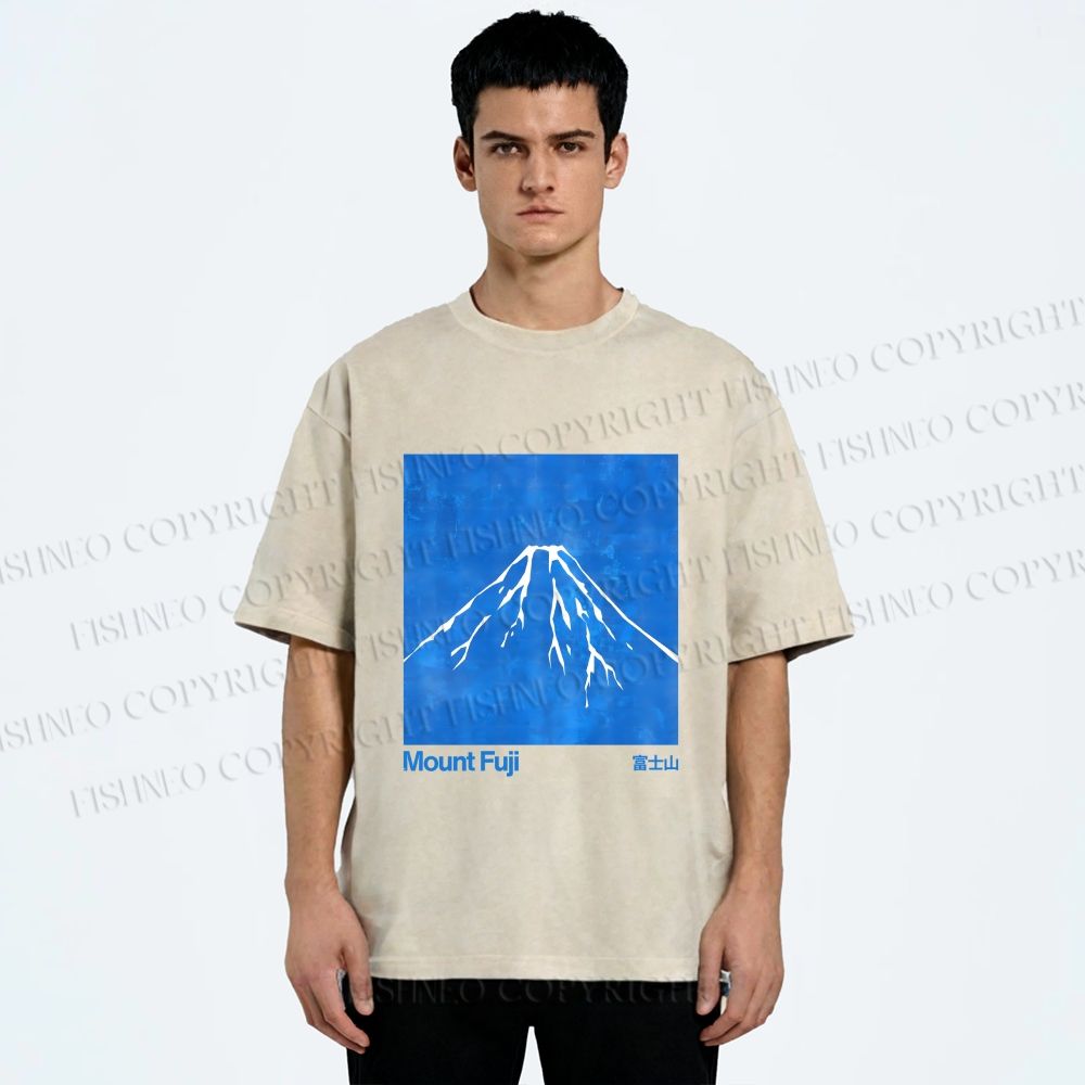 Unisex Blue Mt Fuji Printed Washed Tee