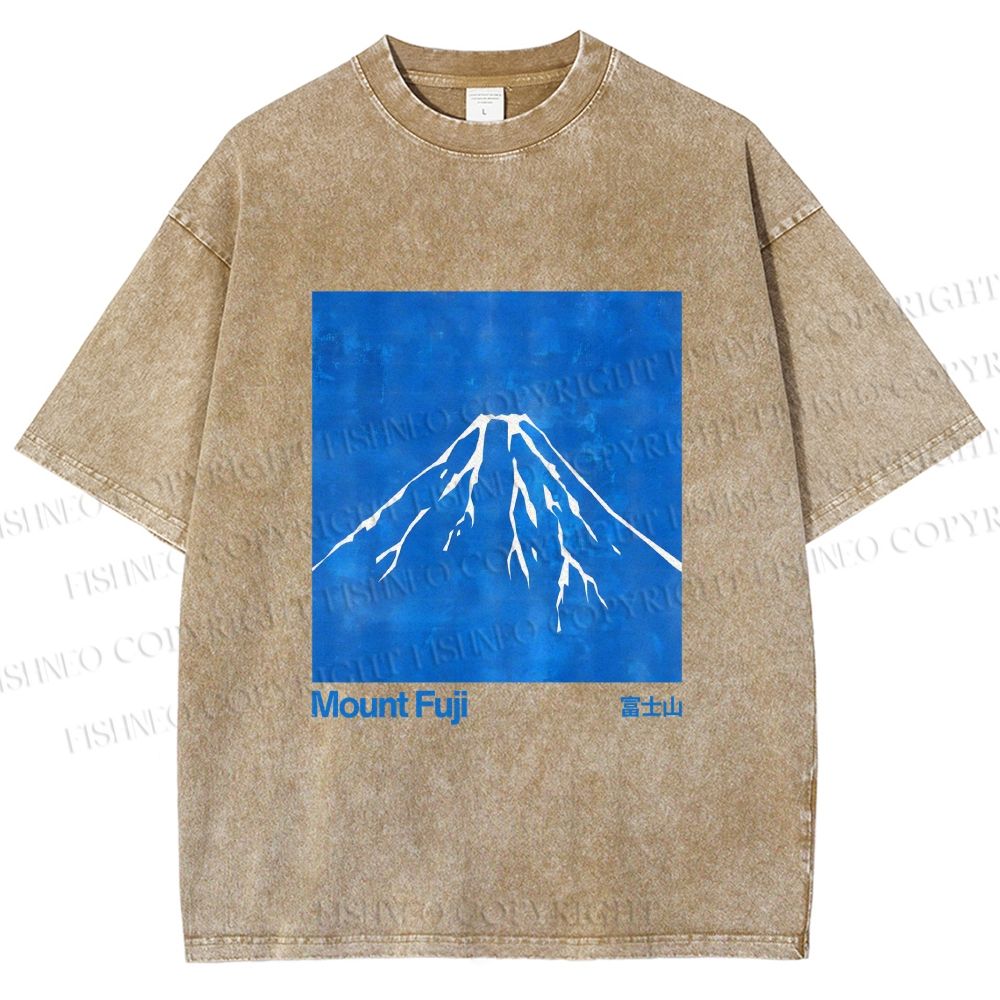 Unisex Blue Mt Fuji Printed Washed Tee