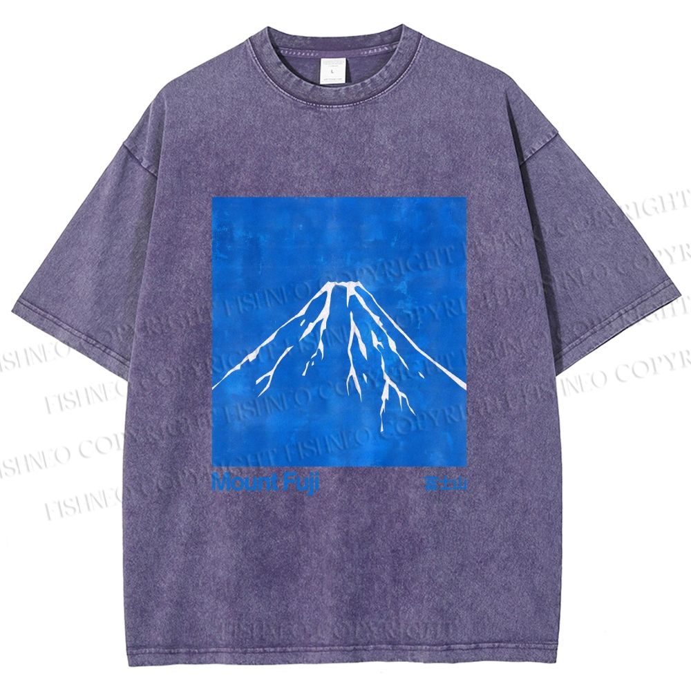 Unisex Blue Mt Fuji Printed Washed Tee