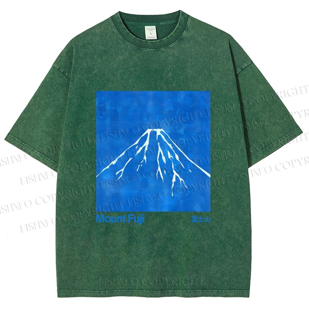 Unisex Blue Mt Fuji Printed Washed Tee