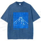 Unisex Blue Mt Fuji Printed Washed Tee