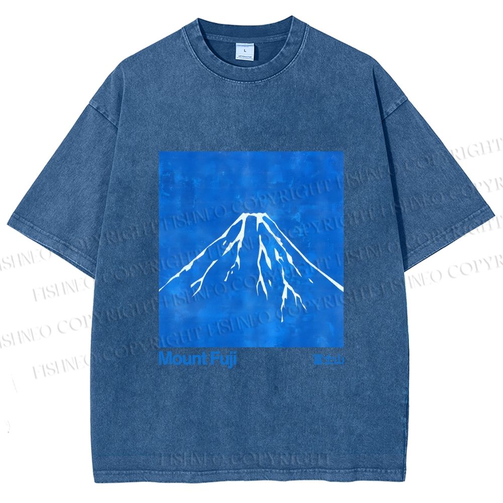 Unisex Blue Mt Fuji Printed Washed Tee