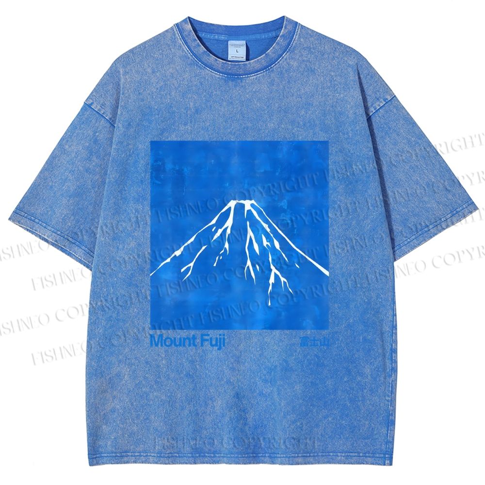 Unisex Blue Mt Fuji Printed Washed Tee