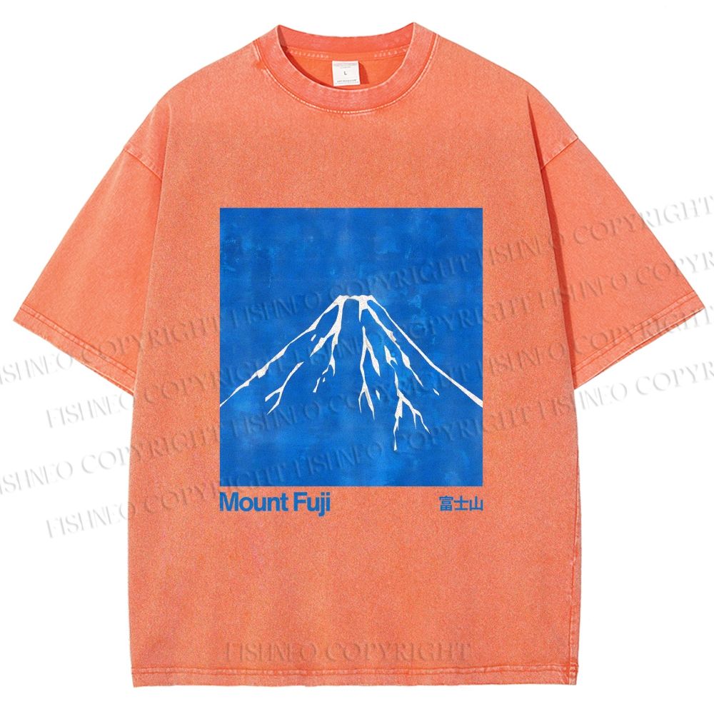 Unisex Blue Mt Fuji Printed Washed Tee