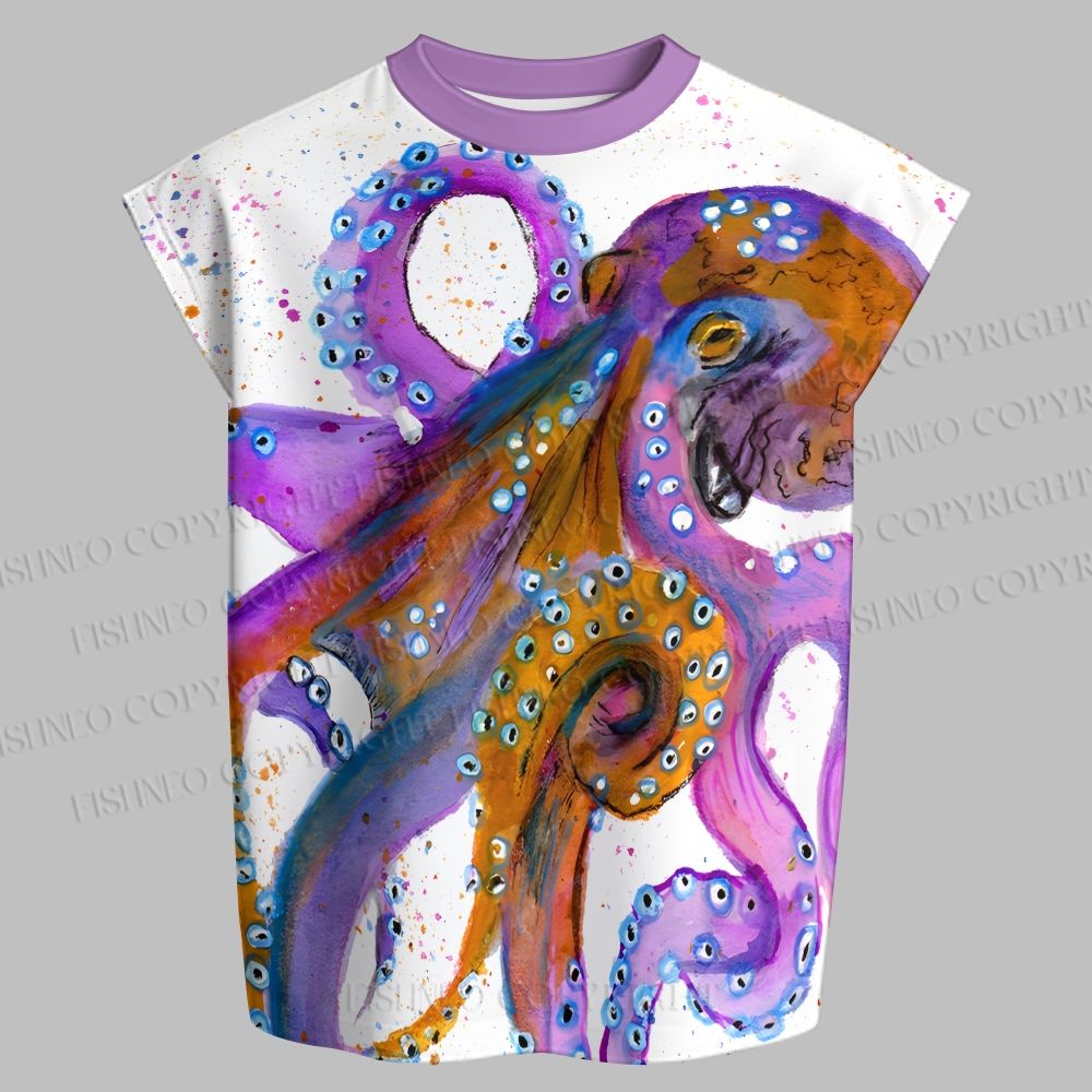 Men's Purple Octopus Splashed with Ink Sleeveless Tank Top & Elasticated Trousers pants Two-Piece Streetwear Set