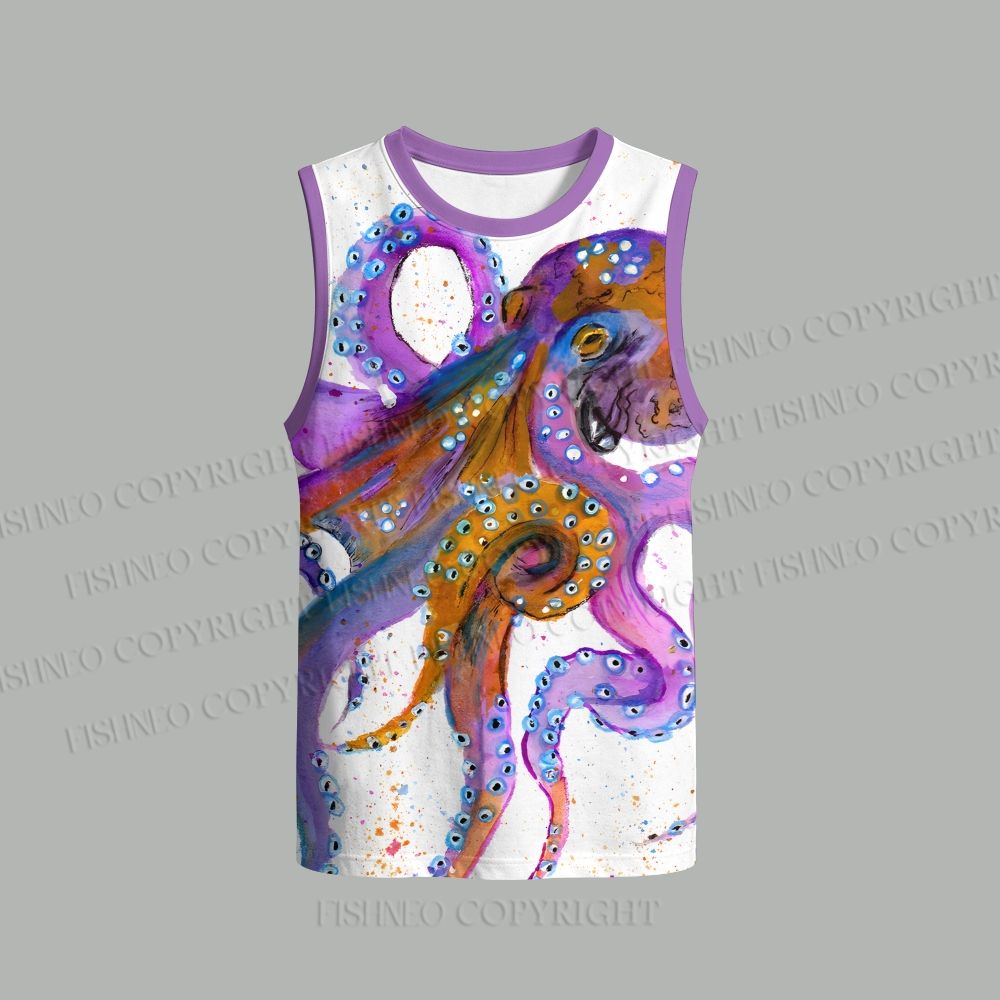 Unisex Purple Octopus Splashed with Ink Loose Tank Top Set