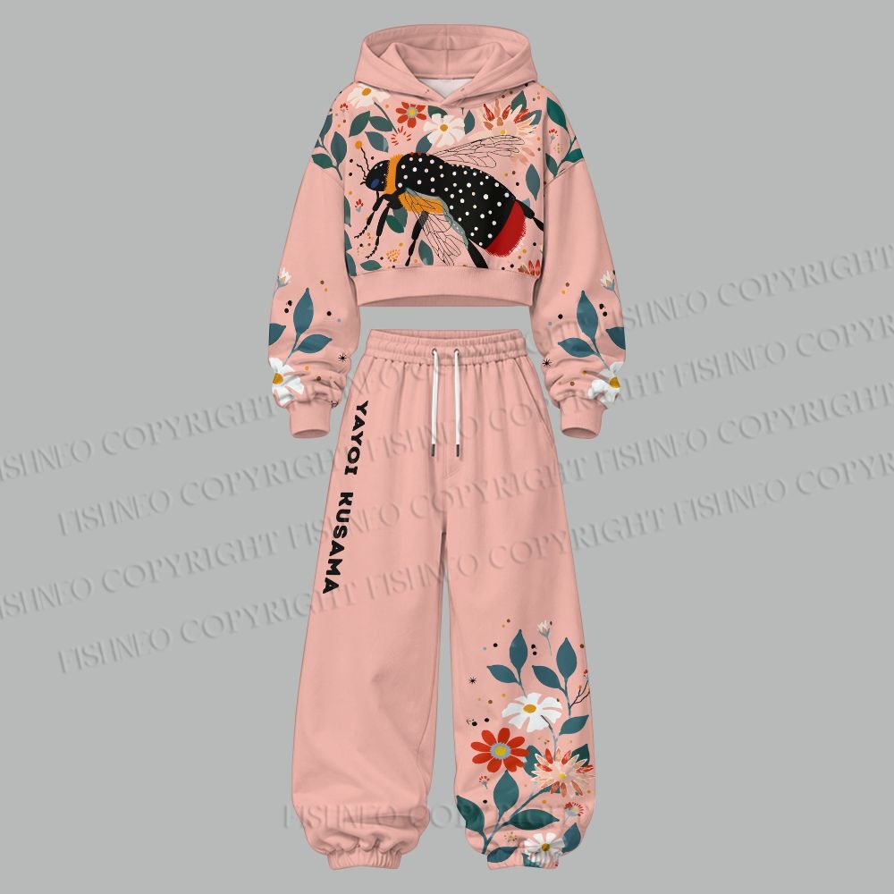 Women's Yayoi Kusama Bee Cropped Long Sleeve Hoodie & High Waist Jogger Pants Two Piece Tracksuit Set