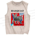Unisex Jean-Michel Basquiat Red Rabbit Printed Washed Tank Top