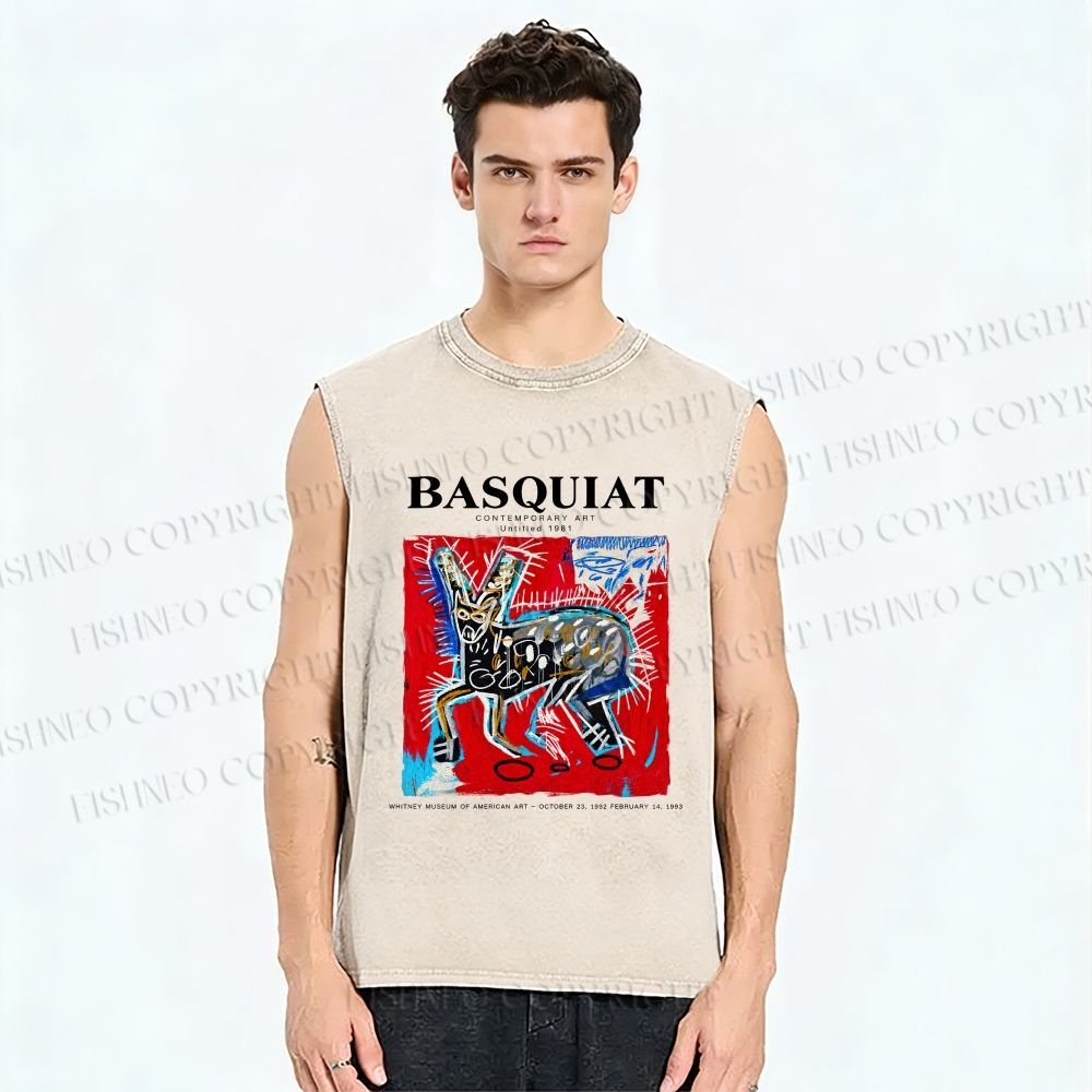 Unisex Jean-Michel Basquiat Red Rabbit Printed Washed Tank Top