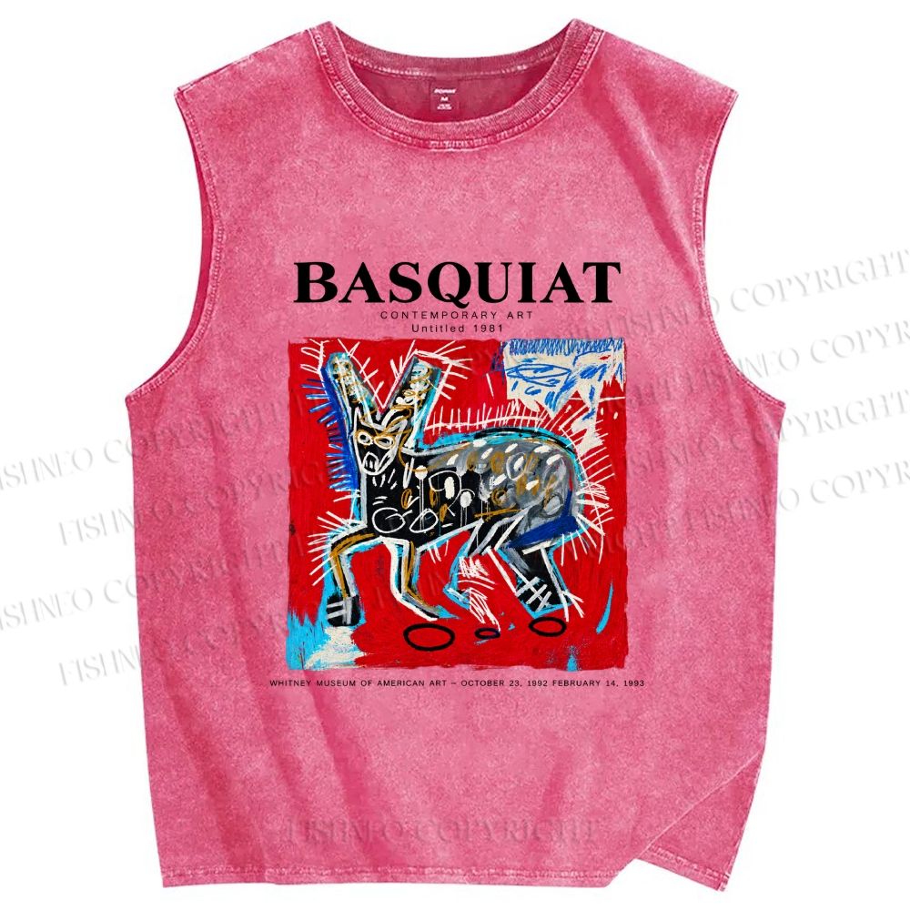 Unisex Jean-Michel Basquiat Red Rabbit Printed Washed Tank Top