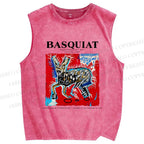 Unisex Jean-Michel Basquiat Red Rabbit Printed Washed Tank Top