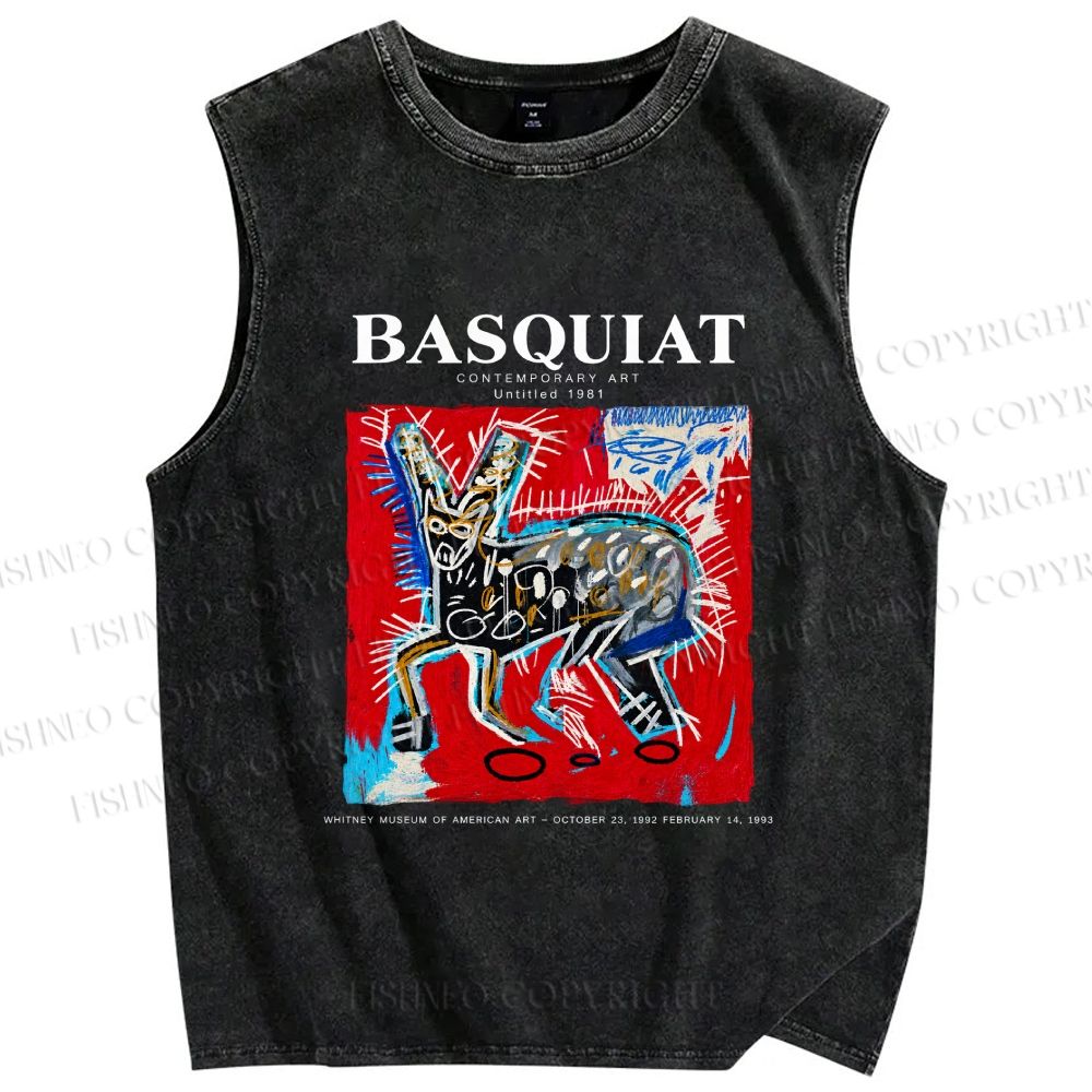 Unisex Jean-Michel Basquiat Red Rabbit Printed Washed Tank Top