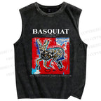 Unisex Jean-Michel Basquiat Red Rabbit Printed Washed Tank Top
