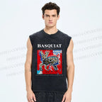 Unisex Jean-Michel Basquiat Red Rabbit Printed Washed Tank Top