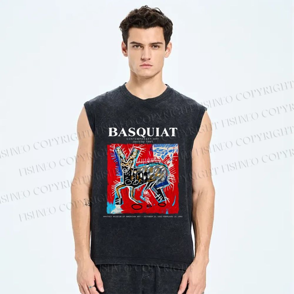 Unisex Jean-Michel Basquiat Red Rabbit Printed Washed Tank Top