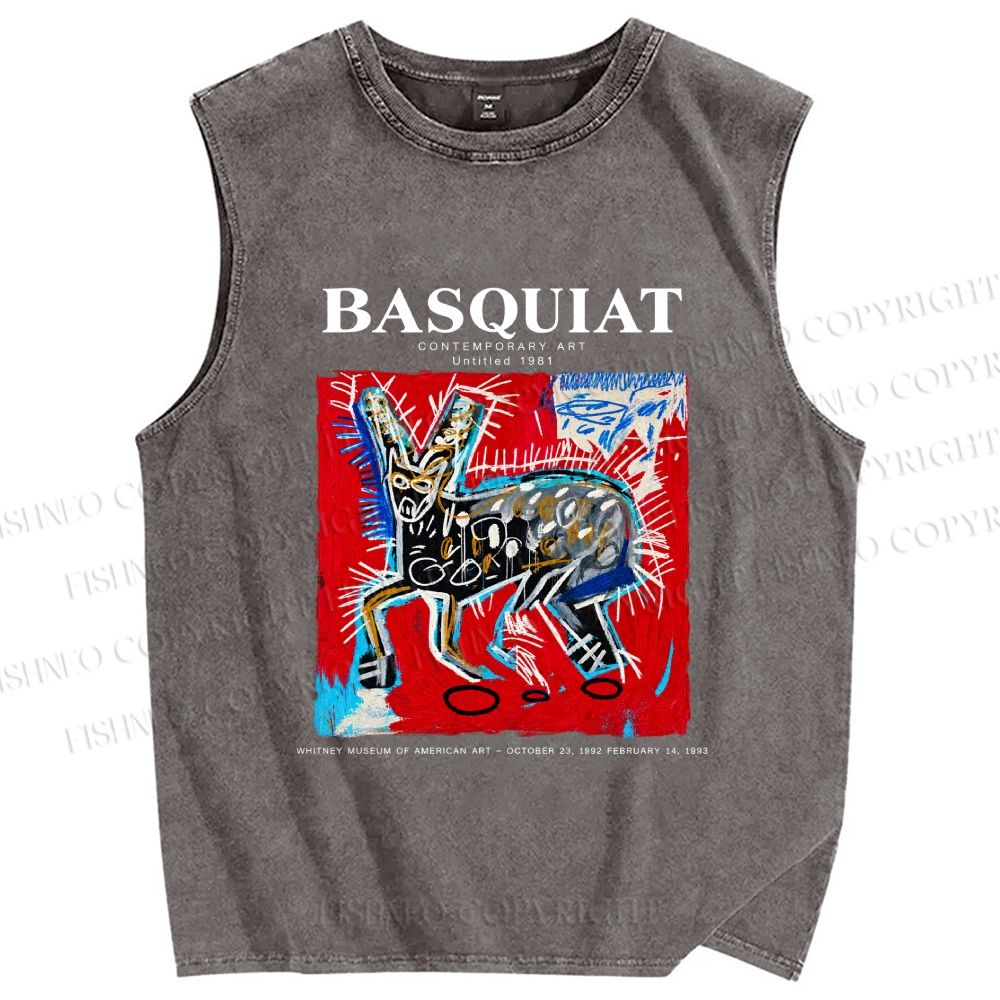 Unisex Jean-Michel Basquiat Red Rabbit Printed Washed Tank Top