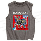 Unisex Jean-Michel Basquiat Red Rabbit Printed Washed Tank Top