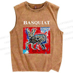 Unisex Jean-Michel Basquiat Red Rabbit Printed Washed Tank Top