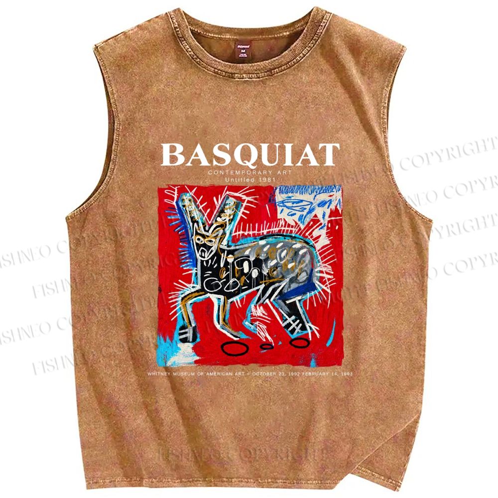 Unisex Jean-Michel Basquiat Red Rabbit Printed Washed Tank Top