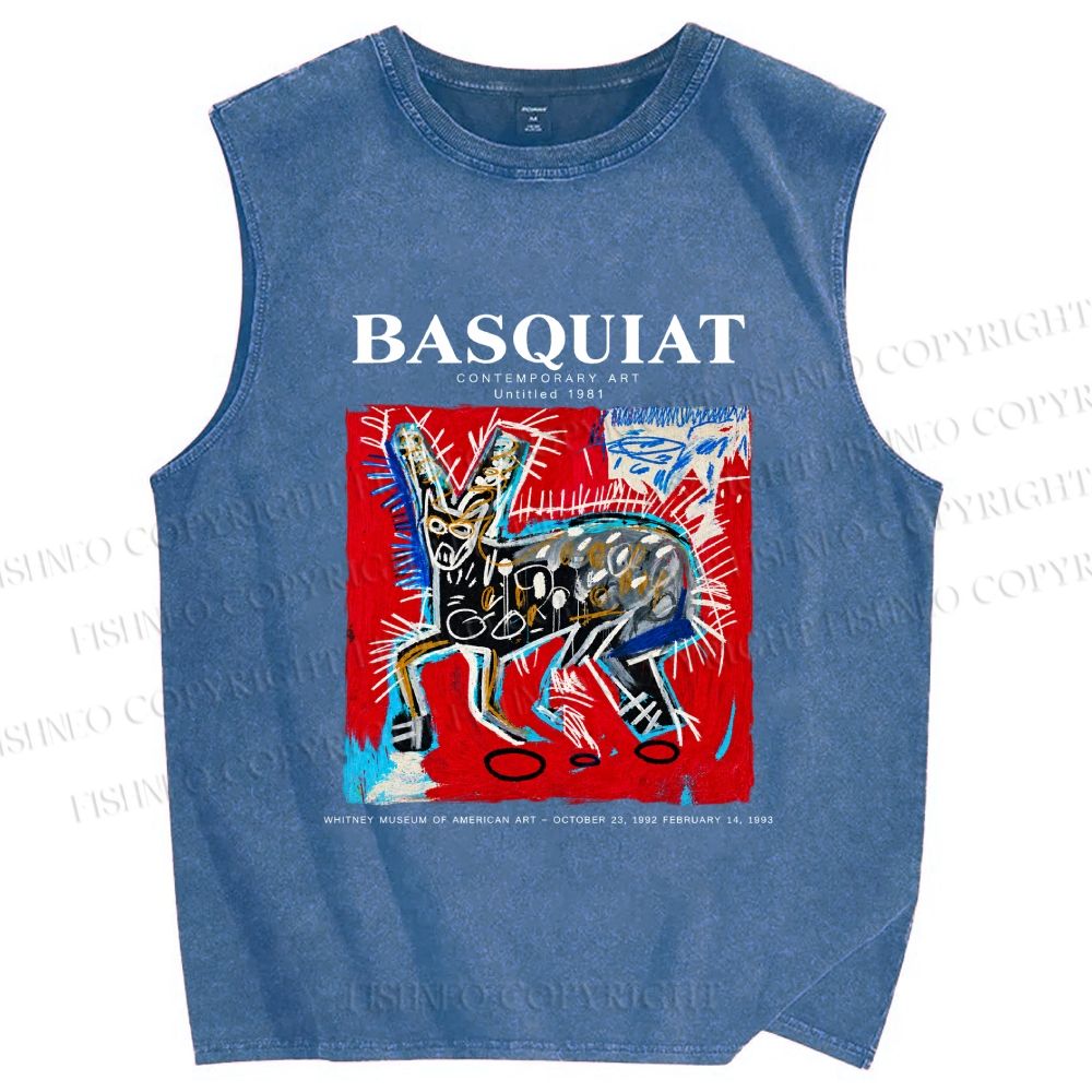 Unisex Jean-Michel Basquiat Red Rabbit Printed Washed Tank Top
