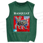 Unisex Jean-Michel Basquiat Red Rabbit Printed Washed Tank Top