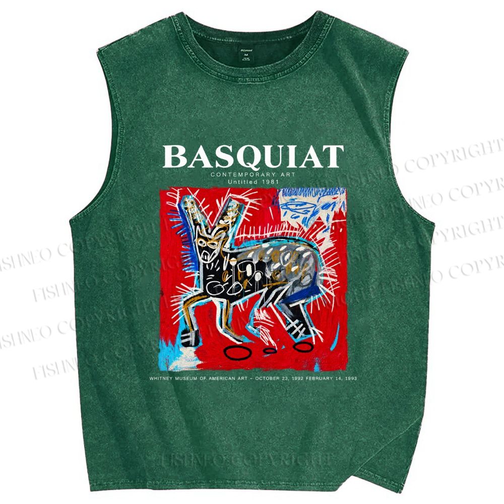 Unisex Jean-Michel Basquiat Red Rabbit Printed Washed Tank Top