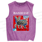 Unisex Jean-Michel Basquiat Red Rabbit Printed Washed Tank Top