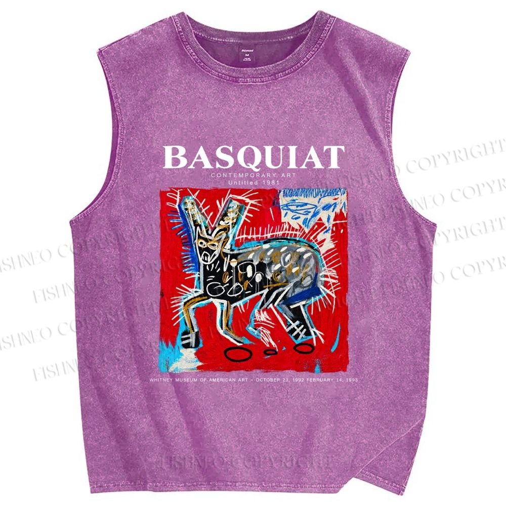 Unisex Jean-Michel Basquiat Red Rabbit Printed Washed Tank Top