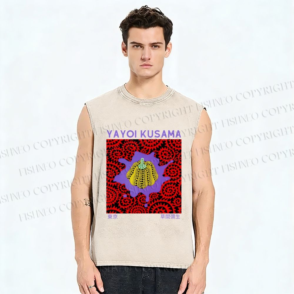 Unisex Yayoi Kusama Pumpkin Printed Washed Tank Top