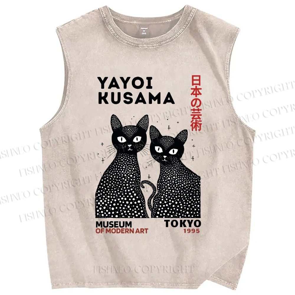 Unisex Yayoi Kusama Cat Printed Washed Tank Top