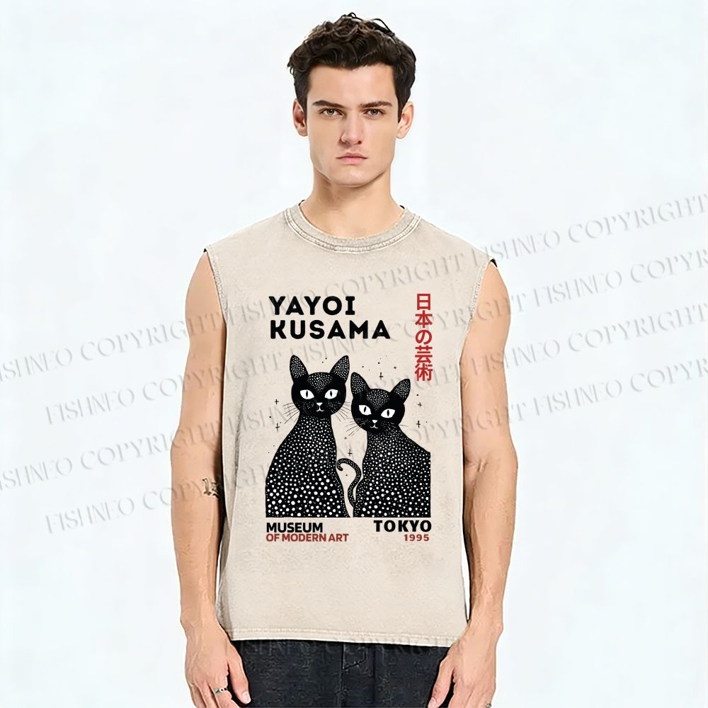 Unisex Yayoi Kusama Cat Printed Washed Tank Top