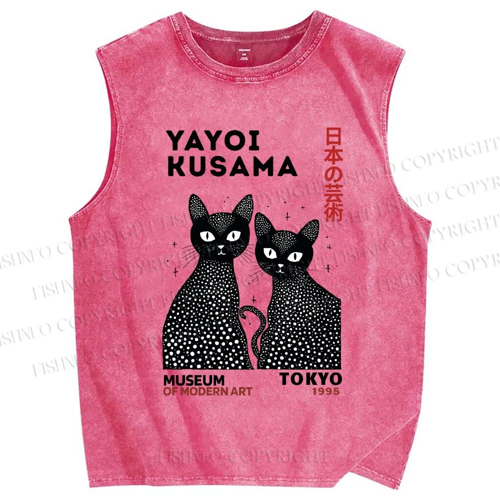Unisex Yayoi Kusama Cat Printed Washed Tank Top