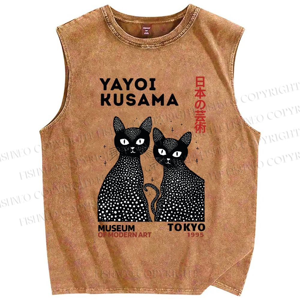 Unisex Yayoi Kusama Cat Printed Washed Tank Top