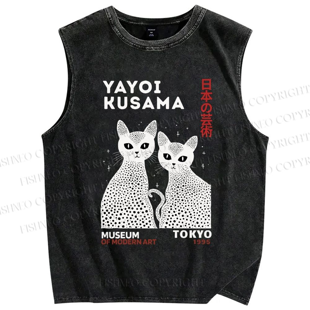 Unisex Yayoi Kusama Cat Printed Washed Tank Top