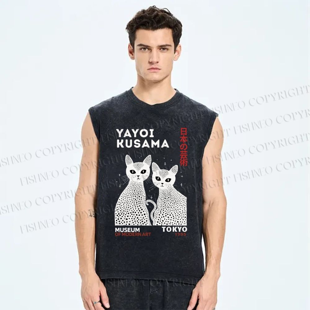Unisex Yayoi Kusama Cat Printed Washed Tank Top