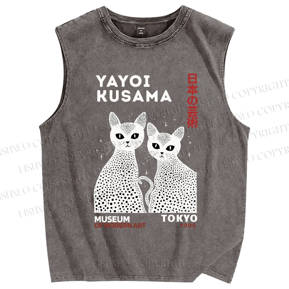 Unisex Yayoi Kusama Cat Printed Washed Tank Top