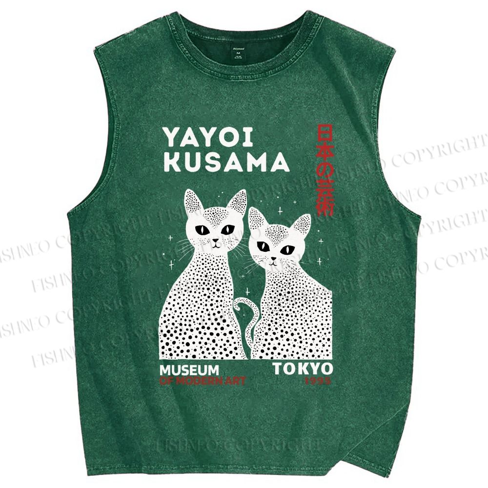 Unisex Yayoi Kusama Cat Printed Washed Tank Top