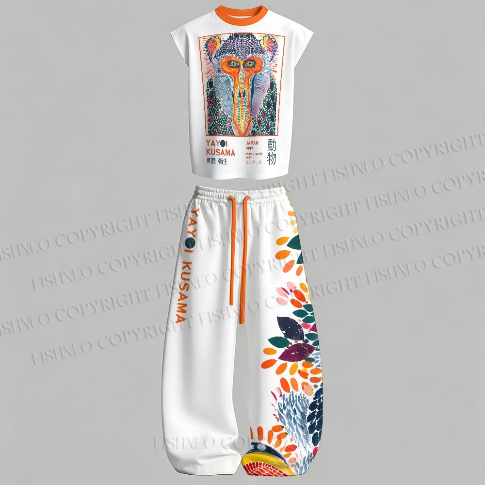 Men's Yayoi Kusama Multicolor Monkey Sleeveless Tank Top & Elasticated Trousers pants Two-Piece Streetwear Set