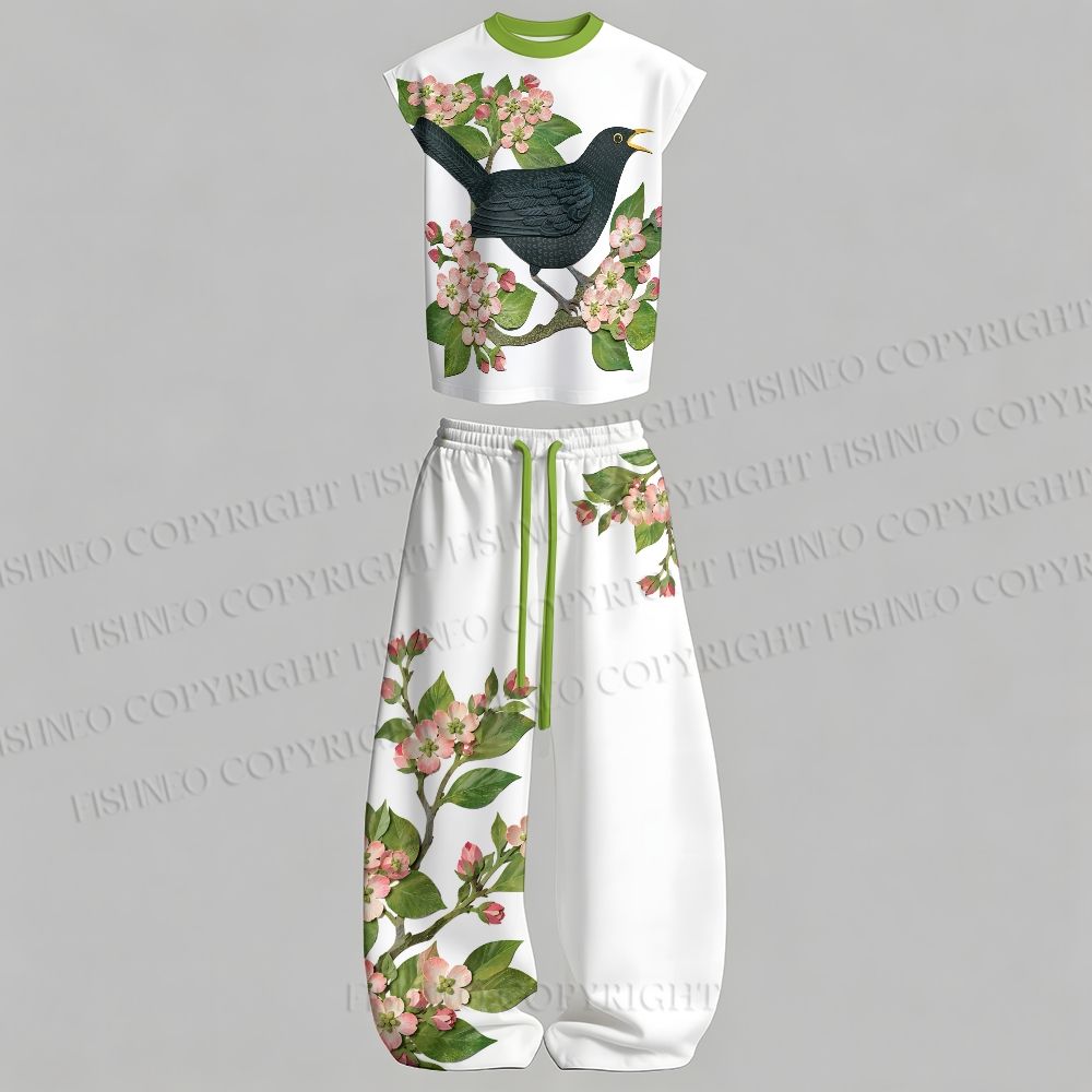 Men's Paper Cutting Art Bird in Flowers Sleeveless Tank Top & Elasticated Trousers pants Two-Piece Streetwear Set