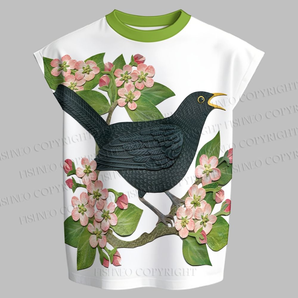 Men's Paper Cutting Art Bird in Flowers Sleeveless Tank Top & Elasticated Trousers pants Two-Piece Streetwear Set