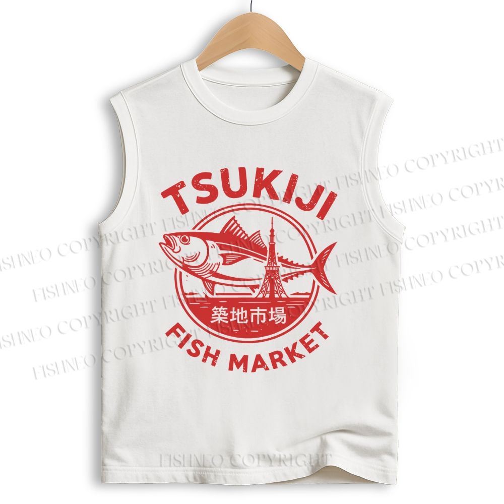 Unisex Tsukiji Fish Market Printed Cotton Tank Top